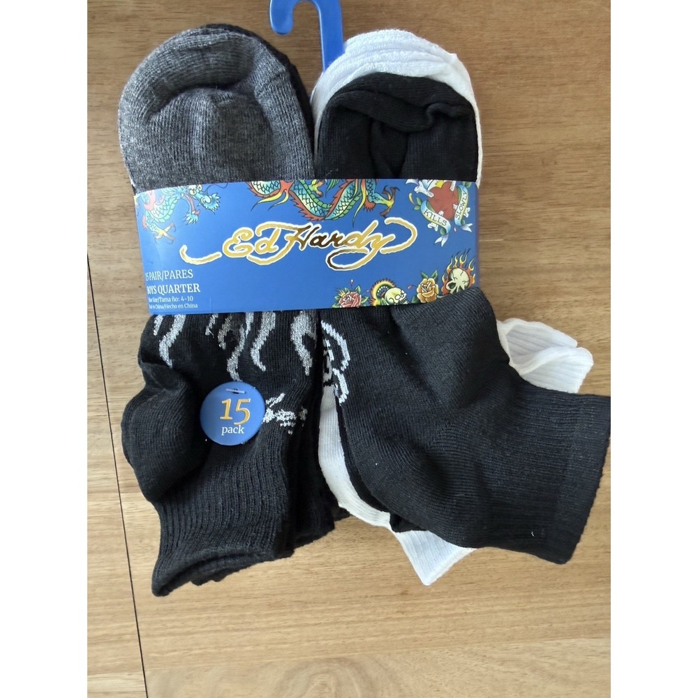 Ed Hardy Boys Quarter Socks 15 Pair Pack Black Gray White Size 4-10